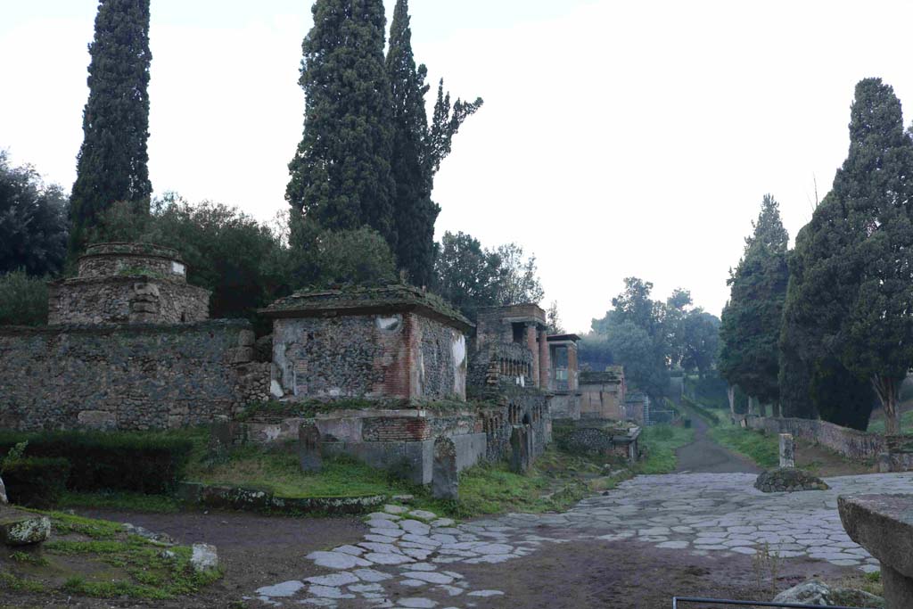Pompeii Porta Nocera. December 2018. 
Looking west from tomb 3OS and tomb 1OS, along Via delle Tombe. Photo courtesy of Aude Durand.