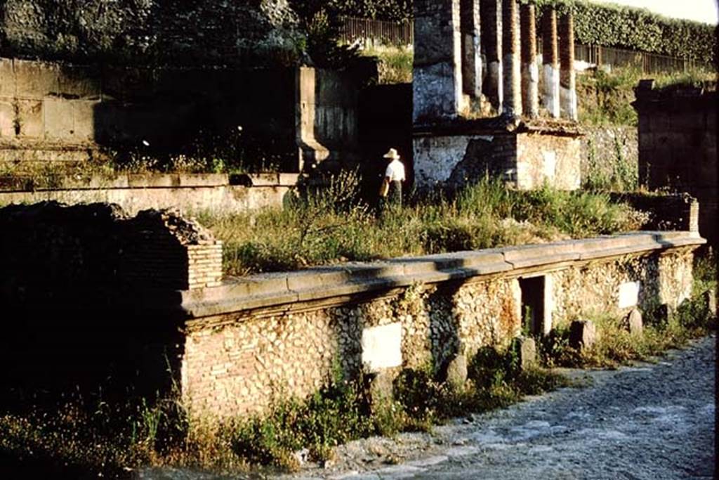 Pompeii Porta Nocera. 1964. Tomb 11OS Tomb of Eumachia and Tomb 13OS, on right. 
Looking south-west.  Photo by Stanley A. Jashemski.
Source: The Wilhelmina and Stanley A. Jashemski archive in the University of Maryland Library, Special Collections (See collection page) and made available under the Creative Commons Attribution-Non-Commercial License v.4. See Licence and use details.
J64f1659
