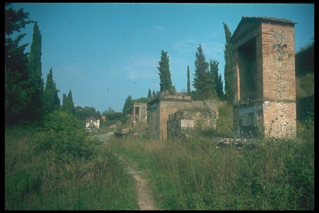 Pompeii Porta Nocera. Tomb 23OS. Looking east along Via delle Tombe.
Tomb of Publius Vesonius Phileros, Vesonia and Marcus Orfellius Faustus, on the right.
Photographed 1970-79 by Günther Einhorn, picture courtesy of his son Ralf Einhorn.