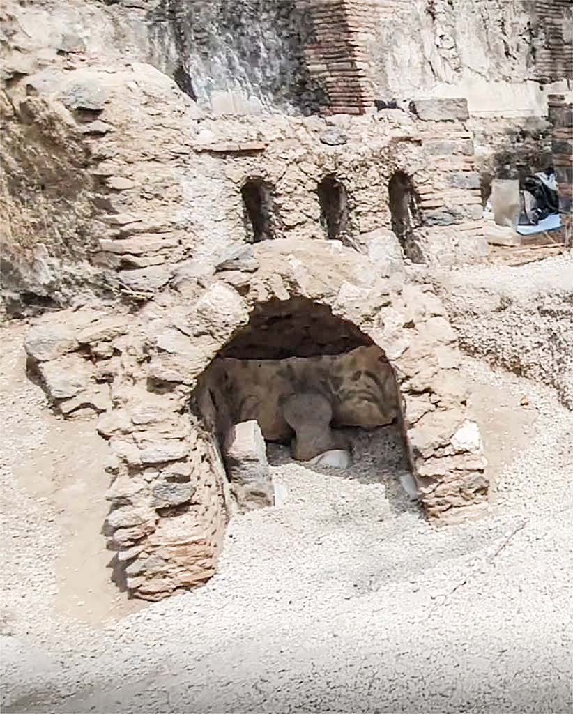 Porta Sarno la tomba di Marcus Venerius Secundio. August 2021. Arched tomb with two cippi. 
There appear to be painted plants on the plaster walls inside the tomb.
Tomba a volta con due cippi.
Sembra che ci siano piante dipinte sulle pareti intonacate all'interno della tomba.
Photograph © Parco Archeologico di Pompei.