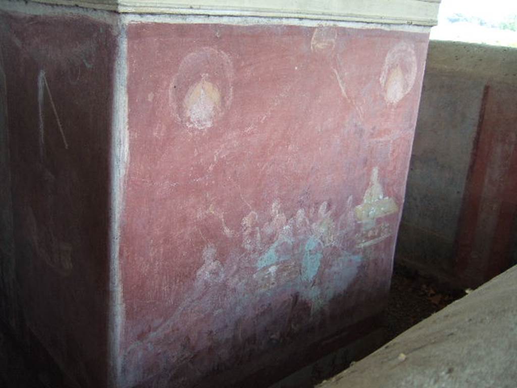 VGJ Pompeii.  May 2006.  Inner tomb south wall.  Painting of the funeral repast.  Engelmann describes this as “a funeral repast of which six persons partake, partly standing, partly sitting round a table.  Three servants are also discernable who bring food and drinks".  See Engelmann, W., 1929.  New Guide to Pompeii: Second Edition.  Engelmann. (p. 55).