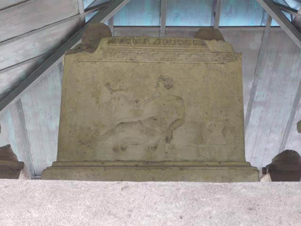 VGJ Pompeii. May 2015. Relief of a man with a cornucopia on west side centre of inner tomb. Photo courtesy of Buzz Ferebee.