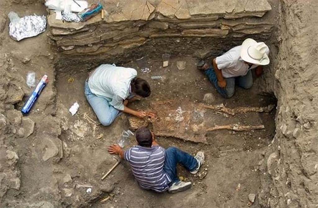 SG6 Pompeii. Skeletons found south of unnamed tomb. Photo courtesy of La Gazzetta Italiana.
During the excavation, there were also found visible traces of the Pompeiians fleeing from the famous eruption of 79 A.D. 
Above the layer of over two metres of the lapilli that covered this part of the ancient city, were visible traces of ruts and furrows of wagons. 
This may be connected to the discovery of skeletons not far away from there.
See http://www.lagazzettaitaliana.com/history-culture/8557-a-new-discovery-in-pompeii-an-italy-that-keeps-surprising
