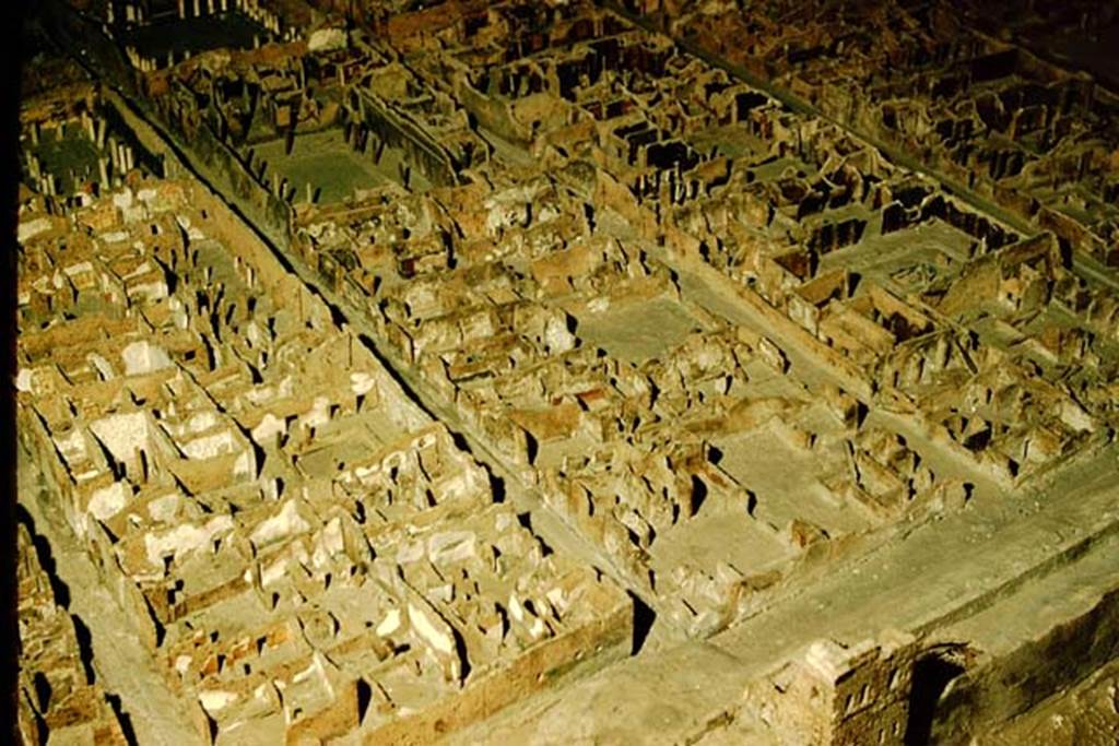 Tower X. Pompeii, situated lower right of photo. 1957. Looking south-west across model in Naples Museum from above the Walls. The northern end of VI.15 is on the left, with VI.11 in centre, and VI.9 on right. Photo by Stanley A. Jashemski.
Source: The Wilhelmina and Stanley A. Jashemski archive in the University of Maryland Library, Special Collections (See collection page) and made available under the Creative Commons Attribution-Non Commercial License v.4. See Licence and use details. J57f0556