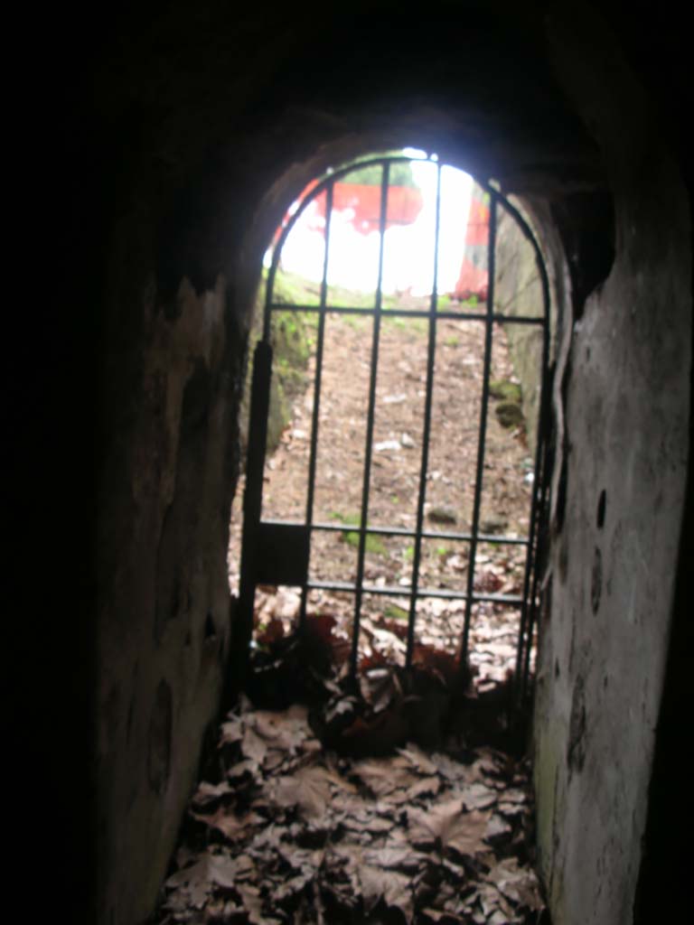 Tower X, Pompeii. May 2010. 
Postern gate, looking east along exterior of city walls towards Vesuvian Gate. Photo courtesy of Ivo van der Graaff.