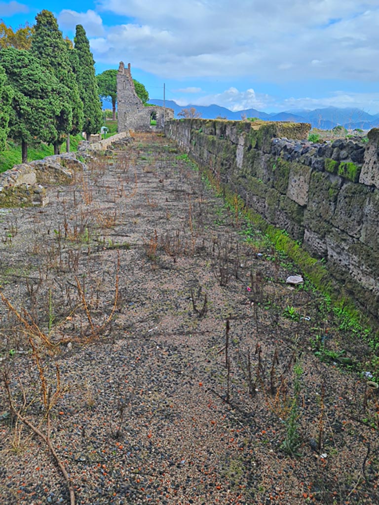 Tower XI, Pompeii. November 2023. 
Looking east along walls towards Tower X, from doorway in south-east corner of middle floor room.
Photo courtesy of Giuseppe Ciaramella.