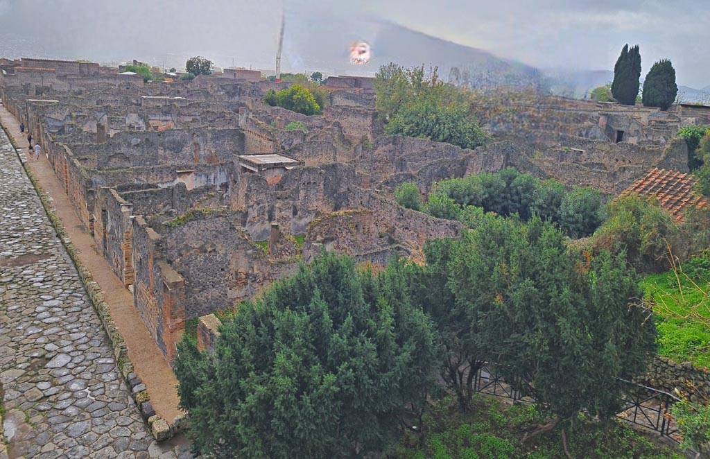 Tower XI, Pompeii. November 2023. 
Looking south-west across VI.7 and VI.5, from middle floor room level.  Photo courtesy of Giuseppe Ciaramella.