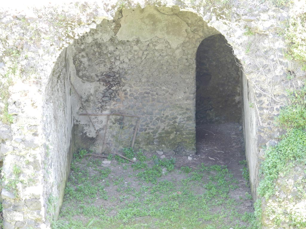 Tower XII, Pompeii. May 2015. 
Looking south from walk around walls, showing details of lower room of Tower XII. Photo courtesy of Buzz Ferebee.