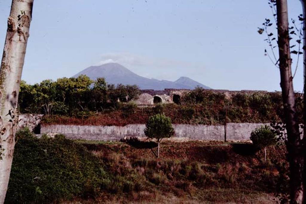 T4 Pompeii. Tower IV, on left, Pompeii. 1982 or 1983. Looking north towards city walls, ampitheatre above, and Vesuvius.   
Source: The Wilhelmina and Stanley A. Jashemski archive in the University of Maryland Library, Special Collections (See collection page) and made available under the Creative Commons Attribution-Non Commercial License v.4. See Licence and use details. J80f0483