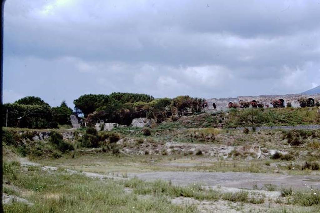 T4 Pompeii. 1968. Looking north-west towards Tower IV, centre, and amphitheatre above. Photo by Stanley A. Jashemski. 
Source: The Wilhelmina and Stanley A. Jashemski archive in the University of Maryland Library, Special Collections (See collection page) and made available under the Creative Commons Attribution-Non Commercial License v.4. See Licence and use details.
J68f1757