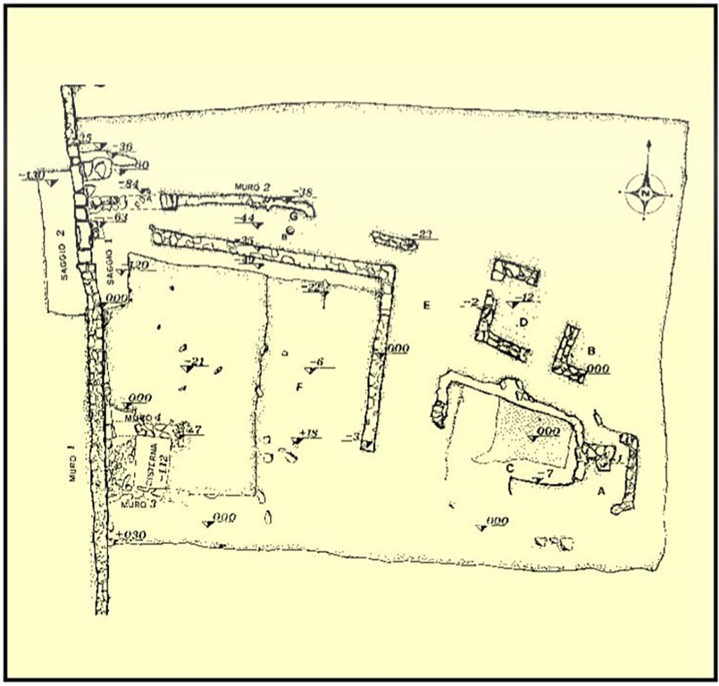 Gragnano. Remains of a Villa Rustica in proprietà Malafronte. Plan of remains.
See Di Massa G., 2000. Il Territorio di Gragnano nell’antichità e l’Ager Stabianus, p. 23, plan no. 8.
Gragnano. Resti di Villa Rustica in proprietà Malafronte. Pianta di resti.
Vedi Di Massa G., 2000. Il Territorio di Gragnano nell’antichità e l’Ager Stabianus, p. 23, pianta n. 8.