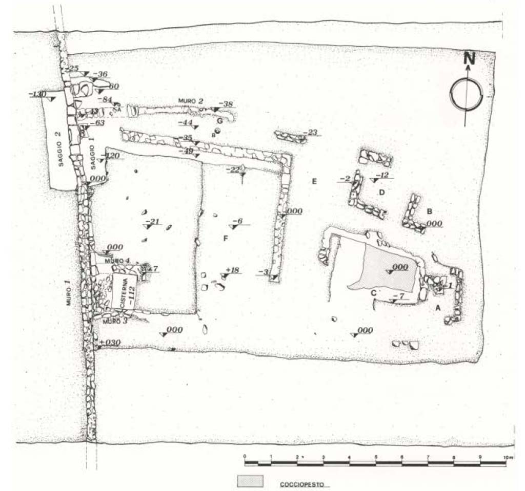Gragnano. Resti di Villa Rustica in proprietà Malafronte. 1984. Fig. 4. Pianta di resti.
Vedi Miniero P., Di Giovanni V., Gasperetti G. Insediamenti di età repubblicana nell' ager Stabianus in Rivista di Studi Pompeiani V 1991-2, p. 22, fig. 4.