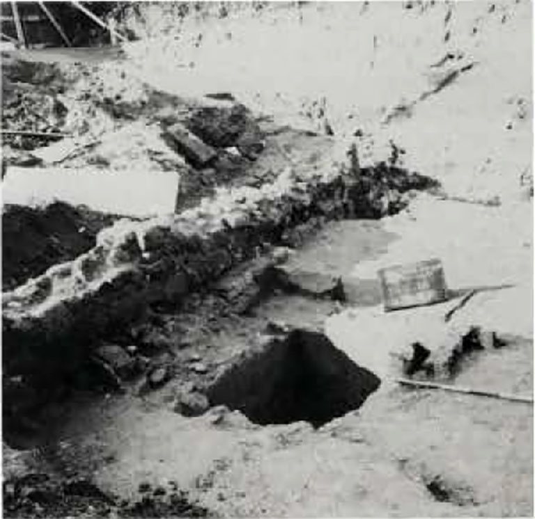 Gragnano proprietà Malafronte. 1984. Fig. 8. Particolare della cisterna presso il muro 1 e di resti di strutture di II periodo che la delimitano.
Gragnano proprietà Malafronte. 1984. Fig. 8. Detail of the cistern at Wall 1 and of the remains of structures of the II period that delimit it.
Vedi/See Miniero P., Di Giovanni V., Gasperetti, G. Insediamenti di età repubblicana nell' ager Stabianus in Rivista di Studi Pompeiani V, 1991-2, p. 25 fig. 8.