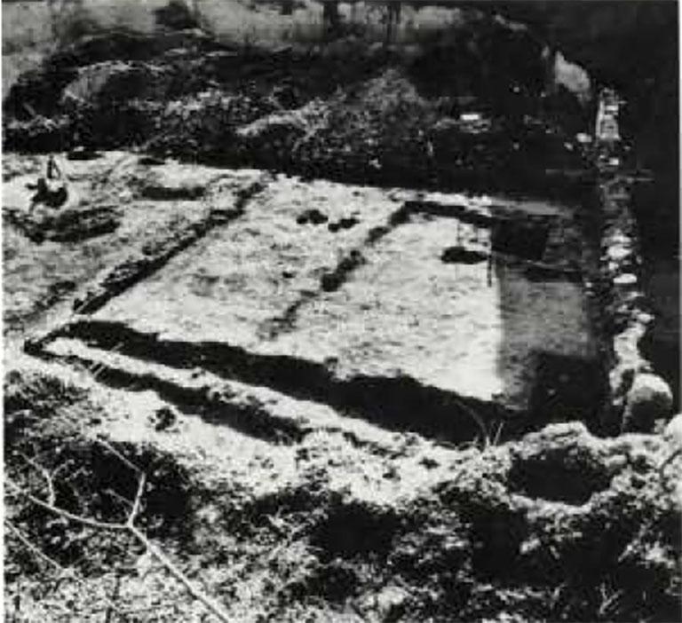 Gragnano proprietà Malafronte. 1984. Fig. 9. Veduta dei resti di strutture di II periodo in corso di scavo.
Gragnano proprietà Malafronte. 1984. Fig. 9. View of the remains of structures of II period under excavation.
Vedi/See Miniero P., Di Giovanni V., Gasperetti, G. Insediamenti di età repubblicana nell' ager Stabianus in Rivista di Studi Pompeiani V, 1991-2, p. 26 fig. 9.