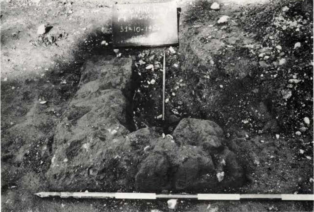Gragnano proprietà Malafronte. 1984. Fig. 10. Resti di fondazioni in tufo (ambiente B).
Gragnano proprietà Malafronte. 1984. Fig. 10. Remains of tufa foundations (Room B).
Vedi/See Miniero P., Di Giovanni V., Gasperetti, G. Insediamenti di età repubblicana nell' ager Stabianus in Rivista di Studi Pompeiani V, 1991-2, p. 26 fig. 10.