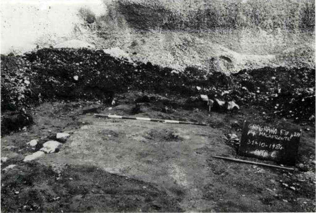 Gragnano proprietà Malafronte. 1984. Fig. 11. Ambiente C, tratto di pavimento in cocciopesto.
Gragnano proprietà Malafronte. 1984. Fig. 11. Room C, stretch of cocciopesto floor.
Vedi/See Miniero P., Di Giovanni V., Gasperetti, G. Insediamenti di età repubblicana nell' ager Stabianus in Rivista di Studi Pompeiani V, 1991-2, p. 26 fig. 11.