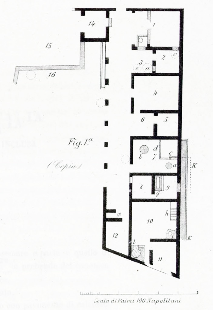 Gragnano, Petrellune (?). La villa scoperta all’Ogliaro. Plan.
See Ruggiero M., 1881. Degli scavi di Stabia dal 1749 al 1782, Naples. Taf. X, fig. 1.