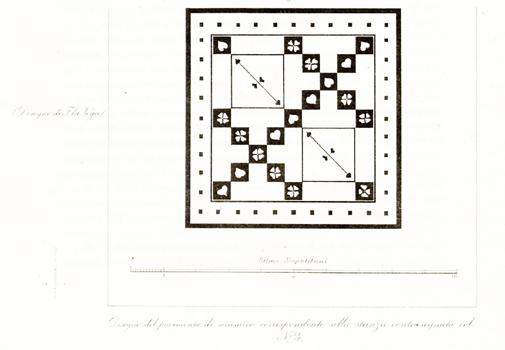 Gragnano, Petrellune, remains on farms of the parish church of St. Aniello and D. Antonio de Angelis. Room 4. Mosaic.
See Ruggiero M., 1881. Degli scavi di Stabia dal 1749 al 1782, Naples. p. 327, Tav. X, fig. 3.