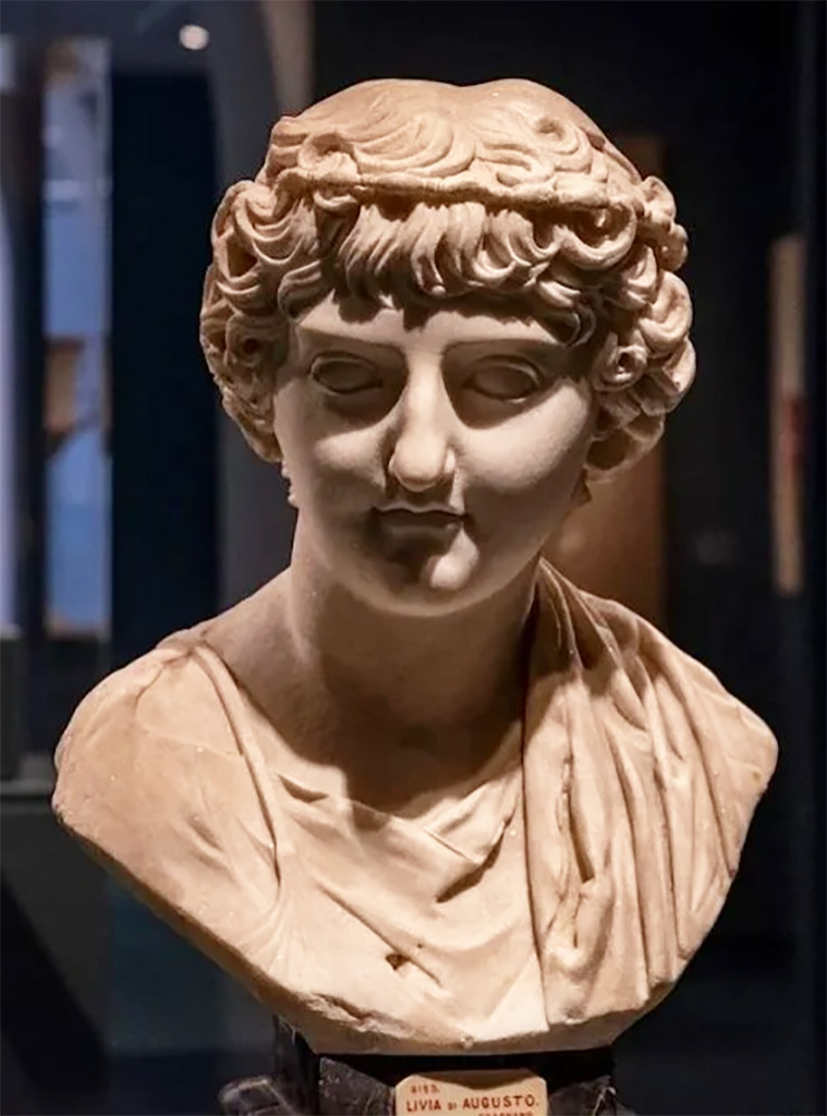 Gragnano, Capella di San Marco. Villa di Anteros ed Heracleo. Villa del Fauno. July 2024.
On display in the Archaeological Museum of Stabia "Libero d'Orsi" at Quisisana.
It is now said to be a portrait bust of a Julio-Claudian princess, attributed to Claudia Ottavia, daughter of Claudius and first wife of Nero, found in the lararium of the small peristyle of the villa of Anteros together with the inscription of Anteros and Heracleus, also exhibited in the museum.
See https://pompeiisites.org/comunicati/il-museo-archeologico-di-stabia-libero-dorsi-amplia-il-suo-percorso-espositivo/ 
Now in Naples Archaeological Museum. Inventory number 6193.