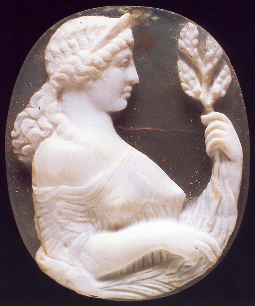 Gragnano, Capella di San Marco. Villa di Anteros ed Heracleo. Villa del Fauno. 
Agate and onyx cameo depicting a woman, perhaps Venus, holding a leafy branch in her hands. 
Now in Naples Archaeological Museum. Inventory number 26775.