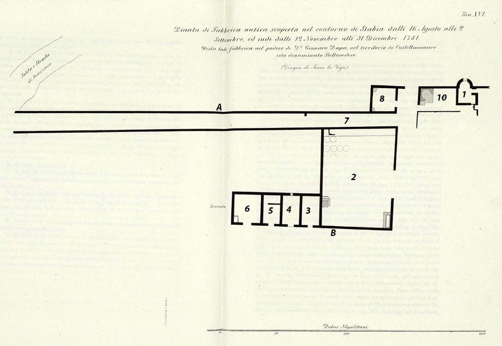 Stabia, Belvedere. 1782. Villa plan designed by Francesco La Vega.
See Ruggiero M., 1881. Degli scavi di Stabia dal 1749 al 1782, Naples. Tav. XVI.