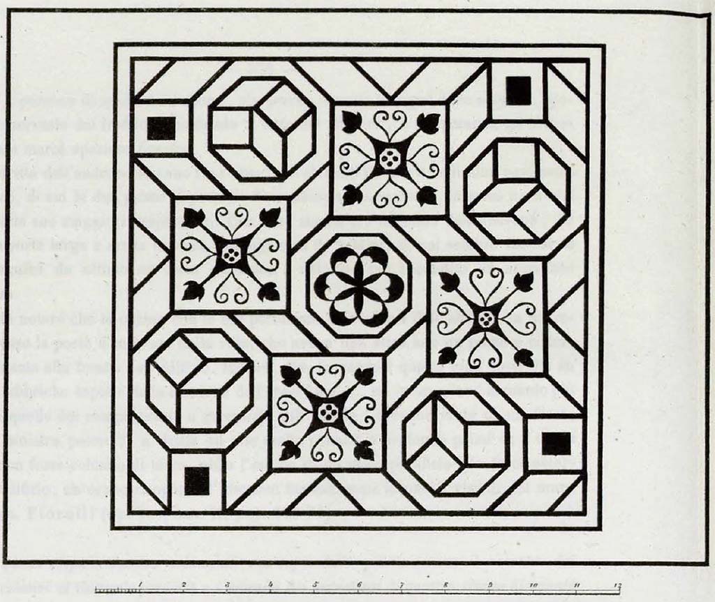 Villa at Stabiae Varano. One of four mosaics, drawn by Francesco La Vega.
See Ruggiero M., 1881. Degli scavi di Stabia dal 1749 al 1782, Naples. Tav. XVIII.