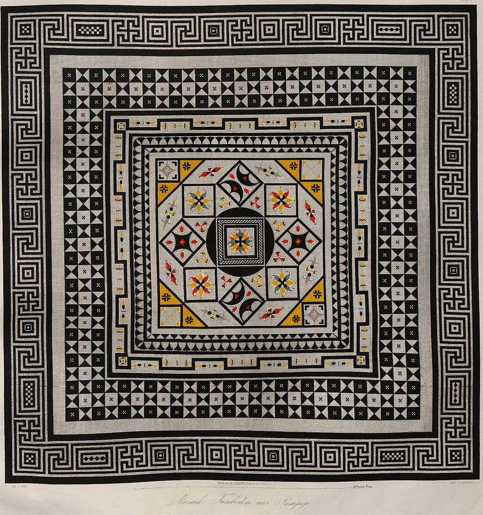 VIII.2.1 Pompeii. Pre-1852. Drawing by Zahn of Pompeii mosaic in original colours, from Naples Museum. 
Zahn describes this as a mosaic from Pompeii in the colours of the original, currently in the Royal Museum in Naples. This paving consists of small pieces of coloured marble (not glass paste) which are very exactly indicated here, so that according to this model the execution on a large scale would be very easy.
See Zahn, W., 1852-59. Die schönsten Ornamente und merkwürdigsten Gemälde aus Pompeji, Herkulanum und Stabiae: III. Berlin: Reimer, Taf. 6.
