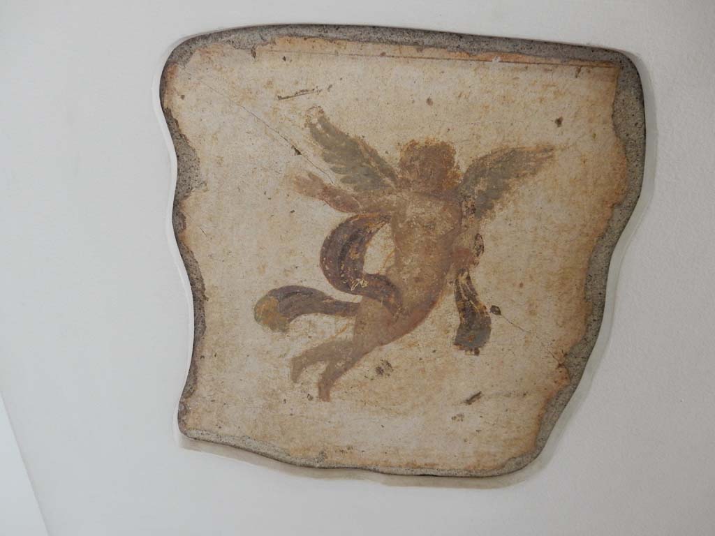 Villa della Pisanella, Boscoreale. May 2018. Cubiculum D, south wall, fresco of flying cupid with glass ampoule in his hand. 
Dateable to the Augustan era. Now in Boscoreale Antiquarium. Photo courtesy of Buzz Ferebee.