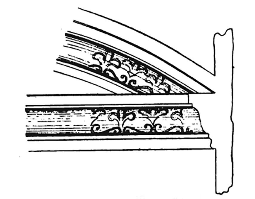 Boscoreale, Villa della Pisanella. 1897 drawing of cornice in apodyterium.
See Pasqui A., La Villa Pompeiana della Pisanella presso Boscoreale, in Monumenti Antichi VII 1897, fig. 48.