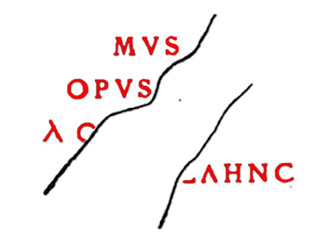 Boscoreale, Villa della Pisanella. 1897. Graffiti in large red letters found in torcularium P.
See Pasqui A., La Villa Pompeiana della Pisanella presso Boscoreale, in Monumenti Antichi VII 1897, p. 464.