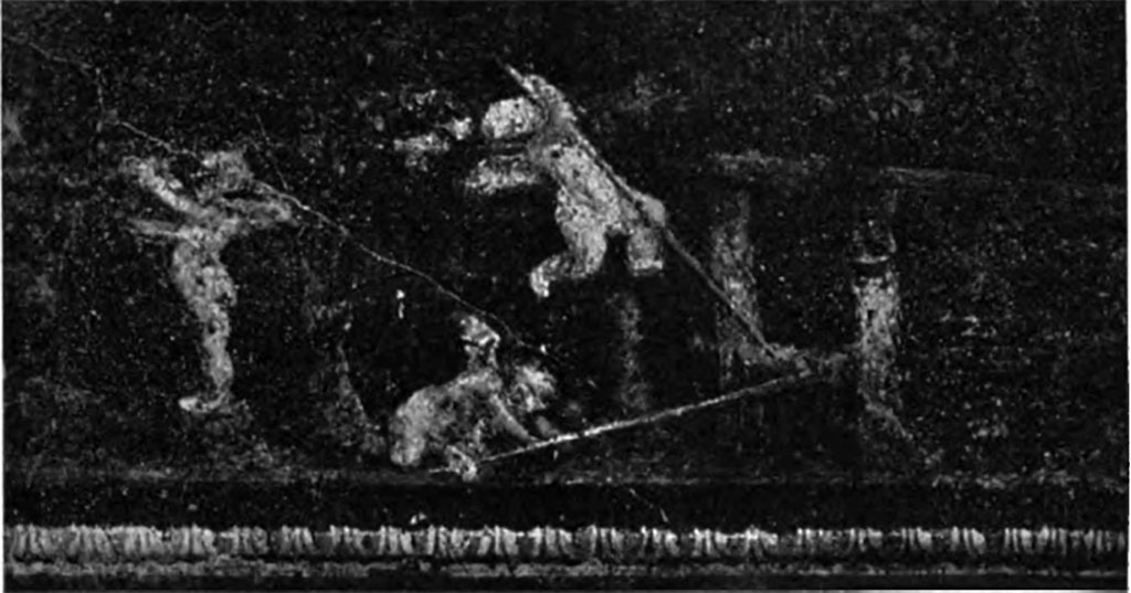 Boscoreale, Villa della Pisanella. 1897. Torcularium. Fresco showing Cupids working a press from VI.15.1 House of the Vettii.
See Pasqui A., La Villa Pompeiana della Pisanella presso Boscoreale, in Monumenti Antichi VII 1897, fig. 53a.