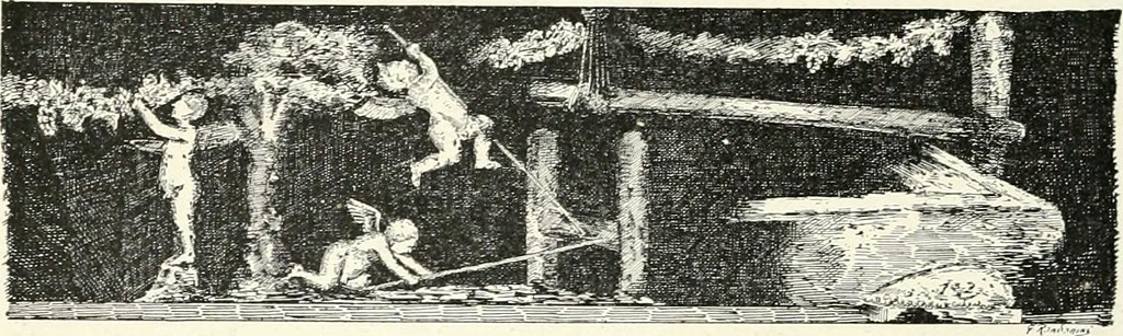 Boscoreale, Villa della Pisanella. 1899. Fresco showing Cupids working a press from VI.15.1 House of the Vettii.
See Mau, A., 1899, translated by Kelsey F. W. Pompeii: Its Life and Art. New York: Macmillan, p. 330, fig. 161.