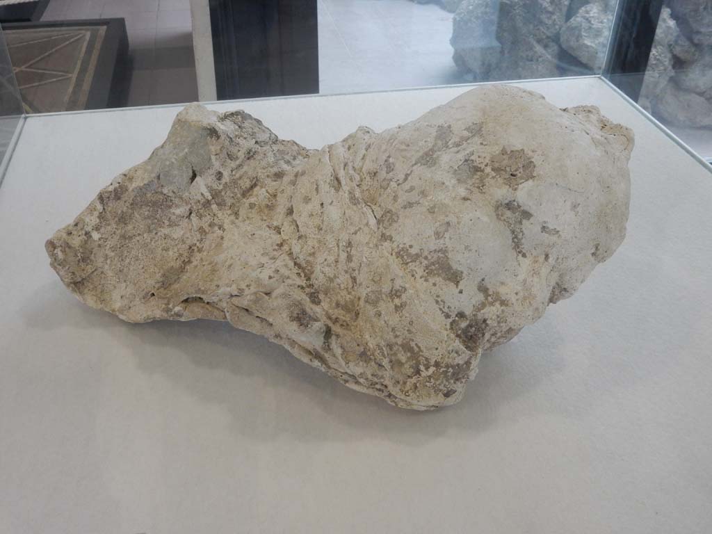 Villa della Pisanella, Boscoreale. May 2018. Torcularium P. Plaster-cast of the head of a woman, with raised hair and drapery around her neck and mouth. Next to it were found two gold earings with topaz.
Now in Boscoreale Antiquarium, inventory number 25898. Photo courtesy of Buzz Ferebee.