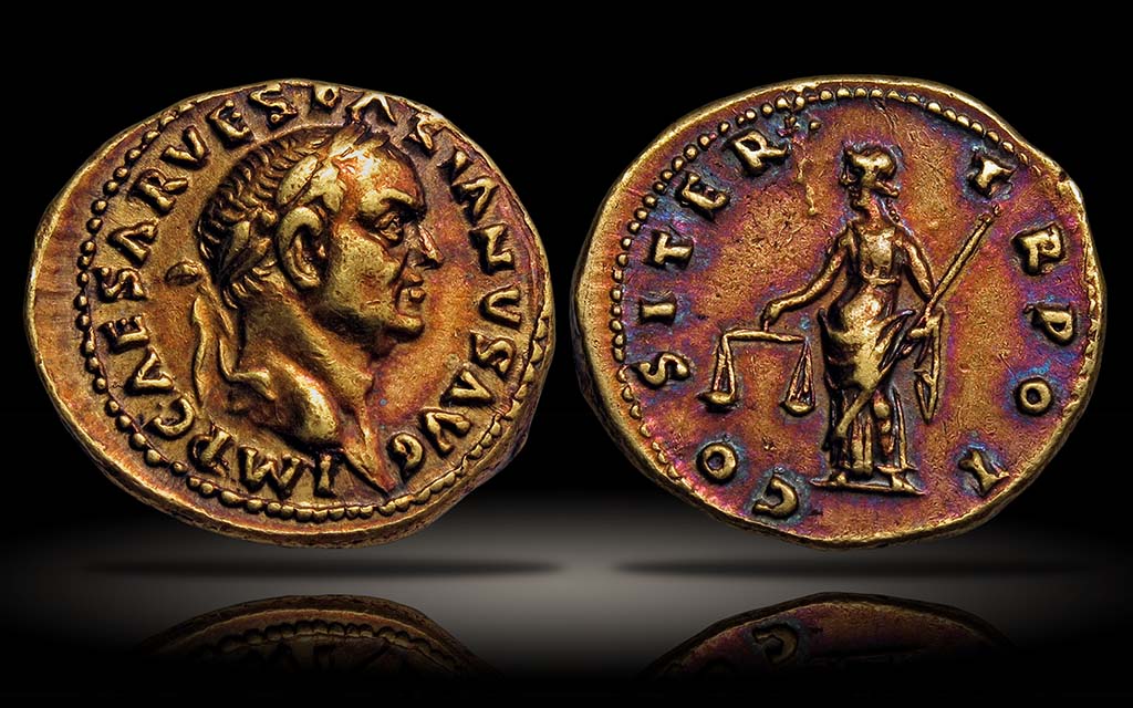 Villa della Pisanella, Boscoreale. Gold aureus of Vespasian from AD 70. On the front is the laureate head of Vespasian facing right and the inscription IMP CAESAR VESPASIANVS AVG.
On the reverse is the inscription CO SITER TR POT and Aequitas the Roman goddess of justice standing left, holding scales and sceptre.
Photo © Colosseo Collection. See Vespasian Aureus