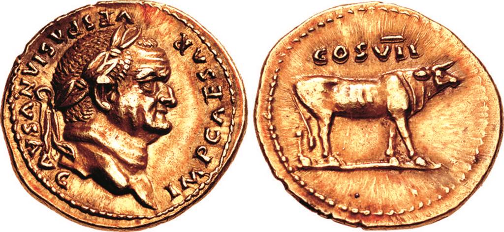 Villa della Pisanella, Boscoreale. Gold aureus of Vespasian from AD 76. On the front is the laureate head of Vespasian facing right and the inscription IMP CAESAR VESPASIANVS AVG.
On the reverse is the inscription COS VII with a heifer standing to right.
See https://www.flickr.com/photos/antiquitiesproject/6710559135