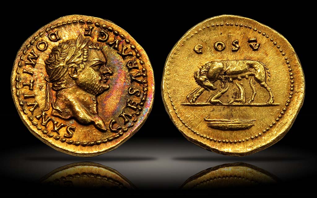 Villa della Pisanella, Boscoreale. Gold aureus of Domitian from AD 77-8. On the front is the laureate head of Domitian facing right and the inscription IMP CAESAR AVG F DOMINIANVS.
On the reverse is the inscription COS V with the iconic she-wolf and Romulus and Remus to right.