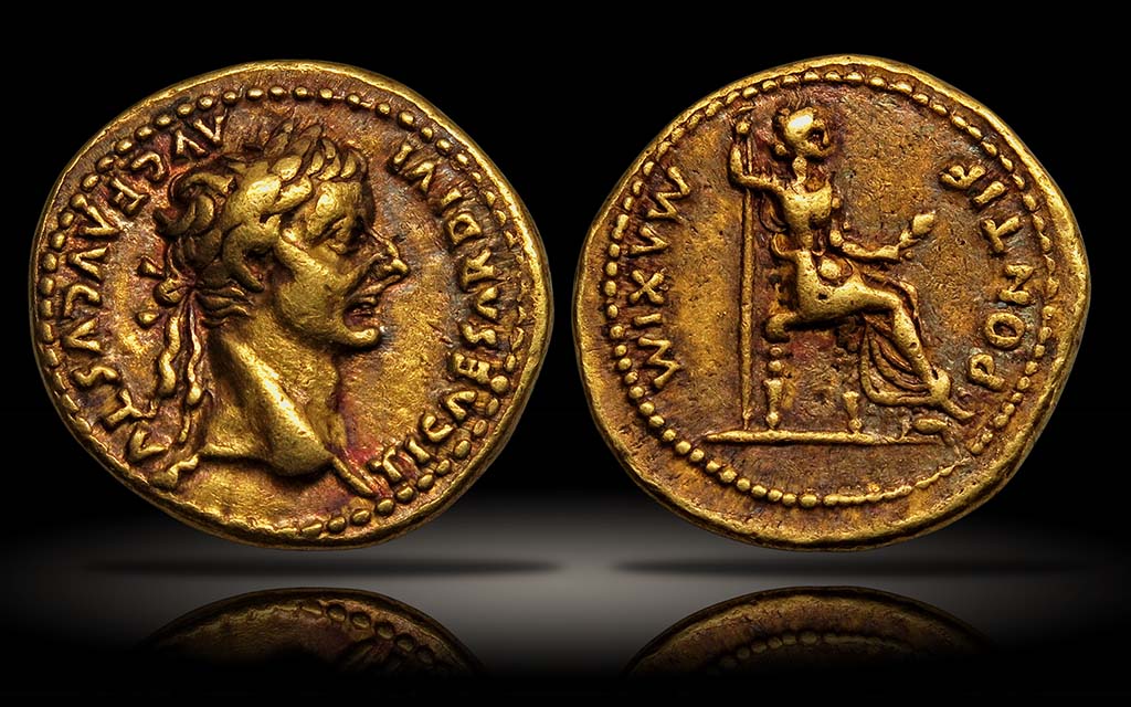 Villa della Pisanella, Boscoreale. Gold aureus of Tiberius.
On the front is the inscription TI CAESAR DIVI AVG F AVGVSTVS with the laureate head of Tiberius facing right.
On the reverse is the inscription PONTIF MAXIM, with Livia, as Pax, seated facing right, holding sceptre and olive branch on a chair with ornate legs, feet on footstool.
Most emperors cared deeply about their coinage and would issue a vast range of designs, reflecting current events and progress made within the Empire. Tiberius took the opposite approach, leaving a single precious metal type in place for nearly the entirety of his twenty-three year reign. Furthermore, the type itself was a duplicate from one of Augustus’ late emissions, indicating just how little focus Tiberius placed on his coinage.
Photo © Colosseo Collection. See Render unto Caesar what is Caesar's