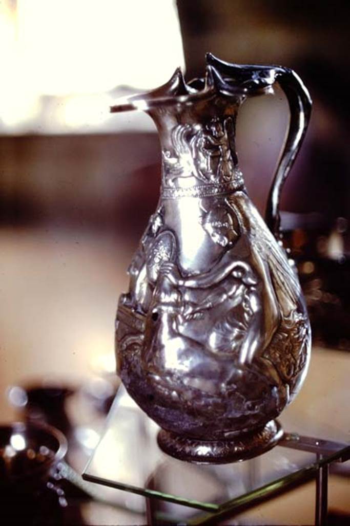 Villa della Pisanella, Boscoreale. 1974. Silver jug, part of silver treasure. Now in the Louvre. 
Photo by Stanley A. Jashemski.   
Source: The Wilhelmina and Stanley A. Jashemski archive in the University of Maryland Library, Special Collections (See collection page) and made available under the Creative Commons Attribution-Non-Commercial License v.4. See Licence and use details.
J74f0829