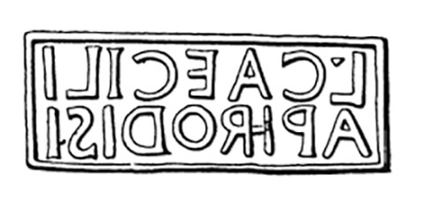 Villa della Pisanella, Boscoreale. 1897. Upper floor. Drawing of seal of L CAECILI APHRODISI.
See Pasqui A., La Villa Pompeiana della Pisanella presso Boscoreale, in Monumenti Antichi VII 1897, p. 516.
