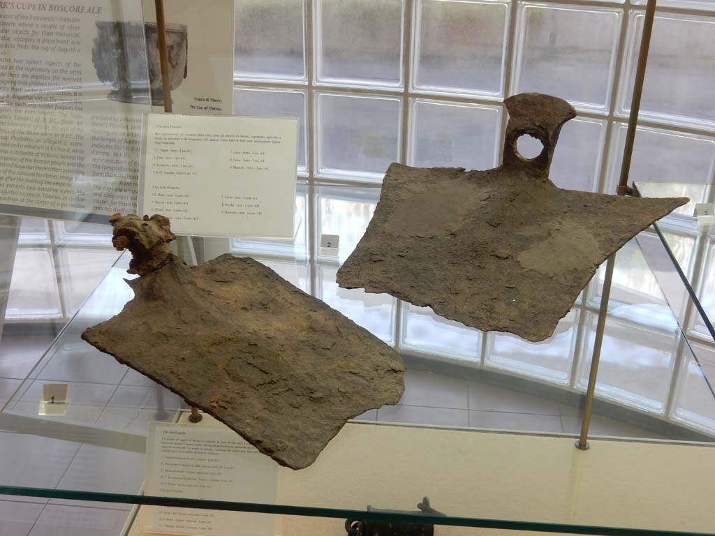 Villa della Pisanella, Boscoreale. May 2018. Boscoreale Antiquarium. Attrezzi di ferro. Iron tools.
1: Zappa. Hoe.
2: Zappa. Hoe. 
Sulla carta c'è scritto: Ben rappresentati, nel contesto della villa, sono gli attrezzi da lavoro, sopratutto agricolo, o anche da muratore e da falegname. Gli attrezzi erano tutti in ferro con impugnatura lignea. Oggi mancante.
On the card it says: Well represented, in the context of the villa, are the work tools, especially agricultural, or even as a bricklayer and a carpenter. The tools were all made of iron with a wooden handle. Missing today.
Photo courtesy of Buzz Ferebee.