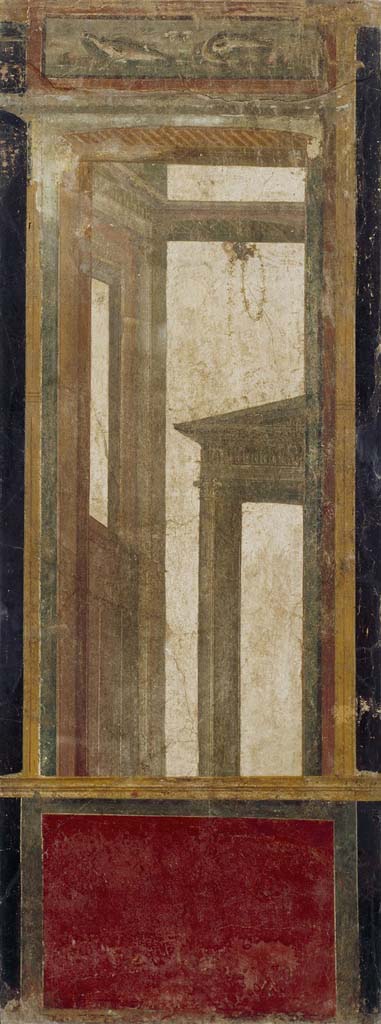 Villa della Pisanella, Boscoreale. Fresco fragment. Possibly from triclinium Pasqui F, Mau N.
Panel with architectural prospect.
Photo © Field Museum of Natural History - CC BY-NC.
Now in the Field Museum, inventory number 24657. See in Field Museum