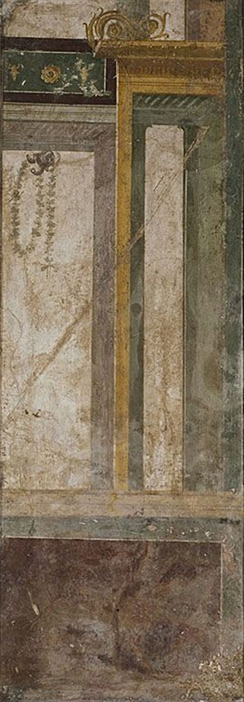 Villa della Pisanella, Boscoreale. Fresco fragment. Possibly from triclinium Pasqui F, Mau N.
Panel with incomplete architectural design.
Photo © Field Museum of Natural History - CC BY-NC.
Now in the Field Museum, inventory number 24659. See in Field Museum
