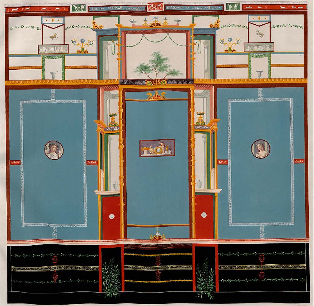 Villa della Pisanella, Boscoreale. Mural Decoration from the Casa della seconda Fontana di Musaico, Pompeii.
According to De Cou, this is a comparable wall layout against which he compares the frescoes and suggests possible positions. A general idea of the arrangement of such a decoration may be obtained from a wall of the Casa delta seconda Fontana di Musaico in Pompeii, illustrated in plate CXXX (Zahn II, 95).
In this it will be seen that the architectural prospects at either side of the middle panel of the principal surface correspond to such pieces as No. 24651, the leaf-framed compartments at the sides of the upper part to Nos. 24652, 24655, while the still higher compartments with a goat or deer in the center are analogous to No. 24653. The small, oblong, red-framed compartments at the sides of the right and left panels of the principal surface bear some resemblance to No. 24650, which is shown by the yellow background outside of the frame to be from the central portion of the wall - assuming that it is from the triclinium.
See De Cou F. Antiquities from Boscoreale in Field Museum Of Natural History (January 1, 1912), p. 155-6, pl. CXXX.
See Zahn, W., 1842. Die schönsten Ornamente und merkwürdigsten Gemälde aus Pompeji, Herkulanum und Stabiae: II. Berlin: Reimer, Taf. 95.