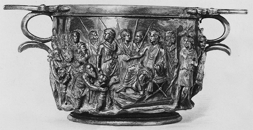 Villa della Pisanella, Boscoreale. 1901. Silver skyphos, Augustus and the barbarians. State when found. Side 1.
According to De Villefosse in 1901 this was in the Cabinet du Baron Edmond de Rothschild.
Skyphos argenté, Auguste et les barbares. État lorsqu'il est trouvé. Côté 1. 
Selon De Villefosse en 1901, cela a été conservé dans le cabinet du Baron Edmond de Rothschild.
Voir/See De Villefosse H., 1899. L'argenterie et bijoux d'or du trésor de Boscoreale description des pièces conservées au Musée du Louvre: Monuments et Memories 5 1899 with supplement 1902, pl. XXXI.