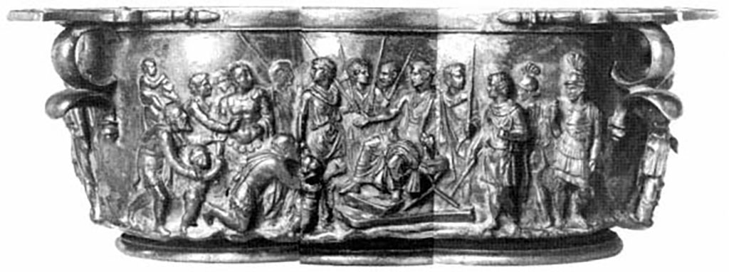 Villa della Pisanella, Boscoreale. Skyphos, Augustus Cup: expanded detail view of the first side when found.
According to Kuttner, the scene shows Augustus' World Rule. Mars and the provinces—Africa, Asia, Gallia, Hispania, et al, Augustus, Drusus, and the Princelings of Gallia Comata.
Skyphos, coupe Auguste: vue détaillée élargie du premier côté lorsqu'elle est trouvée.
Selon Kuttner, la scène montre la règle mondiale d'Auguste. Mars et les provinces - Afrique, Asie, Gaule, Hispanie, et al, Auguste, Drusus, et les Princelings de Gaule Comata.
See Kuttner, Ann L. 1995. Dynasty and Empire in the Age of Augustus: The Case of the Boscoreale Cups  Berkeley: University of California Press, p. 12, pl. 13.
https://publishing.cdlib.org/ucpressebooks/view?docId=ft309nb1mw&chunk.id=d0e182&toc.id=d0e182&brand=eschol