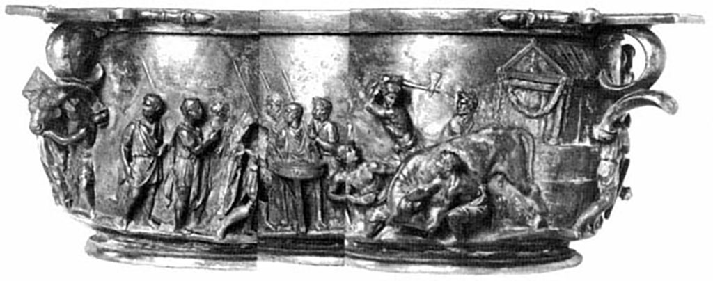 Villa della Pisanella, Boscoreale. Skyphos, Tiberius Cup: expanded detail view of the second side.
The scene shows the sacrifice of a bull.
Skyphos, coupe de Tibère: vue détaillée élargie de la deuxième côté.
La scène montre le sacrifice d'un taureau.
See Kuttner, Ann L. 1995. Dynasty and Empire in the Age of Augustus: The Case of the Boscoreale Cups  Berkeley: University of California Press, p. 12, pl. 14.
https://publishing.cdlib.org/ucpressebooks/view?docId=ft309nb1mw&chunk.id=d0e182&toc.id=d0e182&brand=eschol