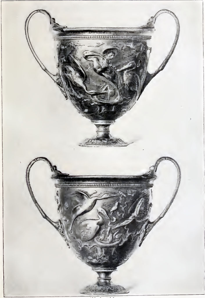 Villa della Pisanella, Boscoreale. Paris, Louvre. Silver cups from the treasure of Boscoreale, 1st cup, sides A and B.
Parigi, Louvre. Boccali d’argento dal tesoro di Boscoreale, 1° boccale, lato A e B.
See Casale A. La favola delle cicogne da due boccali d'argento del Tesoro di Boscoreale: Sylva Mala II 1981, p. 5, fig 1-2.
See Robert C., 1919. Archaeologische Hermeneutik; Anleitung zur Deutung klassischer Bildwerke. Berlin. Pp. 98-99, figg. 80-81.