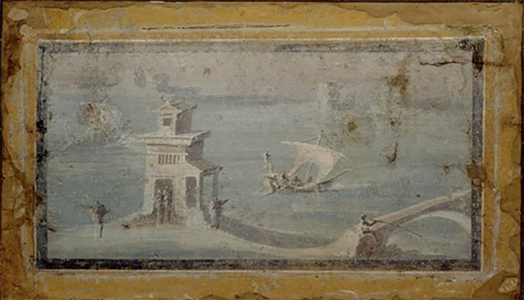 Villa rustica del fondo Ippolito Zurlo, Pompeii. Room B triclinium. East wall. 
Painting of a coastal view with a building, a bridge on which sat a fisherman, and two boats. 
Photo © Trustees of the British Museum. Inventory number 1899.215.2.
See Coastal landscape with boat at britishmuseum.org