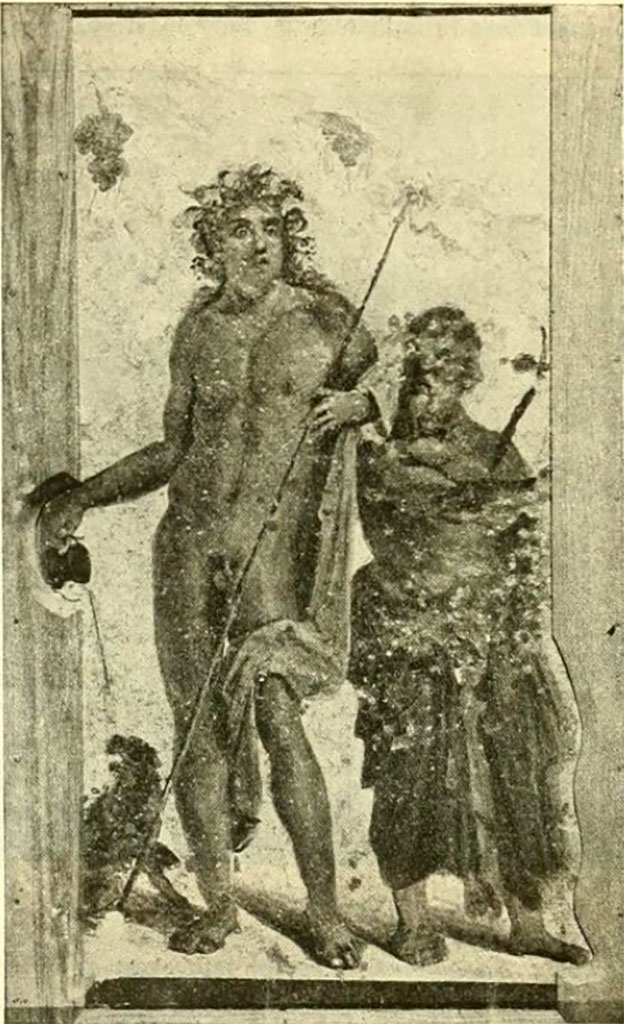 Villa rustica del fondo Ippolito Zurlo, Pompeii. 1897, Torcularium H.
Painting of Bacchus and Silenus on the pillar to the right of the small entrance doorway. 
According to Sogliano, the torcularium was used for the grapes, as demonstrated by a painting of Bacchus and Silenus.
In front of the painting was a square masonry altar covered with plaster which leaned against the same pillar. 
The altar measured 0.39m high, 0.32m wide, and 0.30m deep.
The painting, which was cut out by De Prisco, is here reproduced here.
See Notizie degli Scavi di Antichità, 1897, p. 399-400, fig. 10.