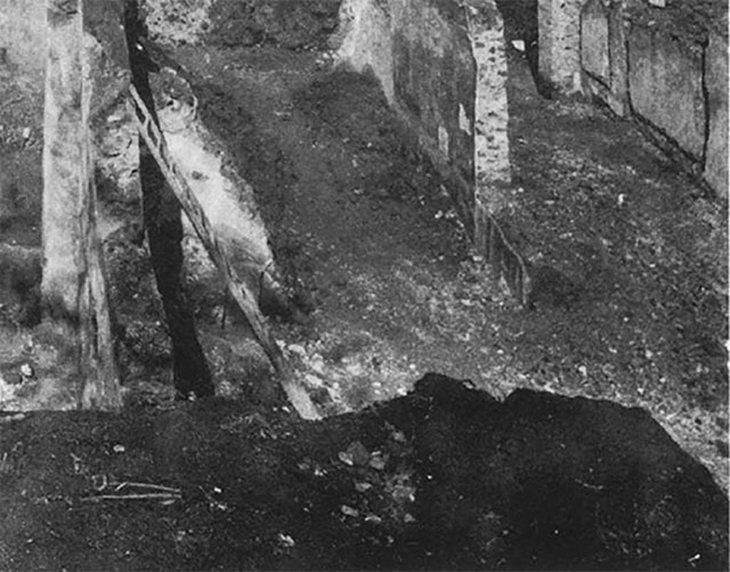 Villa of P. Fannius Synistor at Boscoreale. The excavations during reburial in mid September 1900.
Hallway or vestibule B. Where the ladder is leaning is the west end. 
The rear portico, much wider and on a higher level than the other two, was reached by a flight of five steps, from the peristyle courtyard A. 
At the top of the 5 stairs was a row of four columns flanked by pilasters which formed a vestibule (room B) which led to the more elegant quarters of the owner.  
The four columns and the pillar at each corner were taller than the other columns, covered with white stucco, fluted above, and plain below. 
The back of the vestibule was painted to represent a peristyle colonnade, and between some of the columns could be seen trees and birds in a painted garden. 
The vestibule had a white mosaic floor edged with a black band. Its walls were all painted with architecture and landscapes. 
The wall towards the lararium (the west or left wall) had deteriorated. The lararium was found stripped. 
See Jashemski, W. F., 1993. The Gardens of Pompeii, Volume II: Appendices. New York: Caratzas, (p. 285-6).